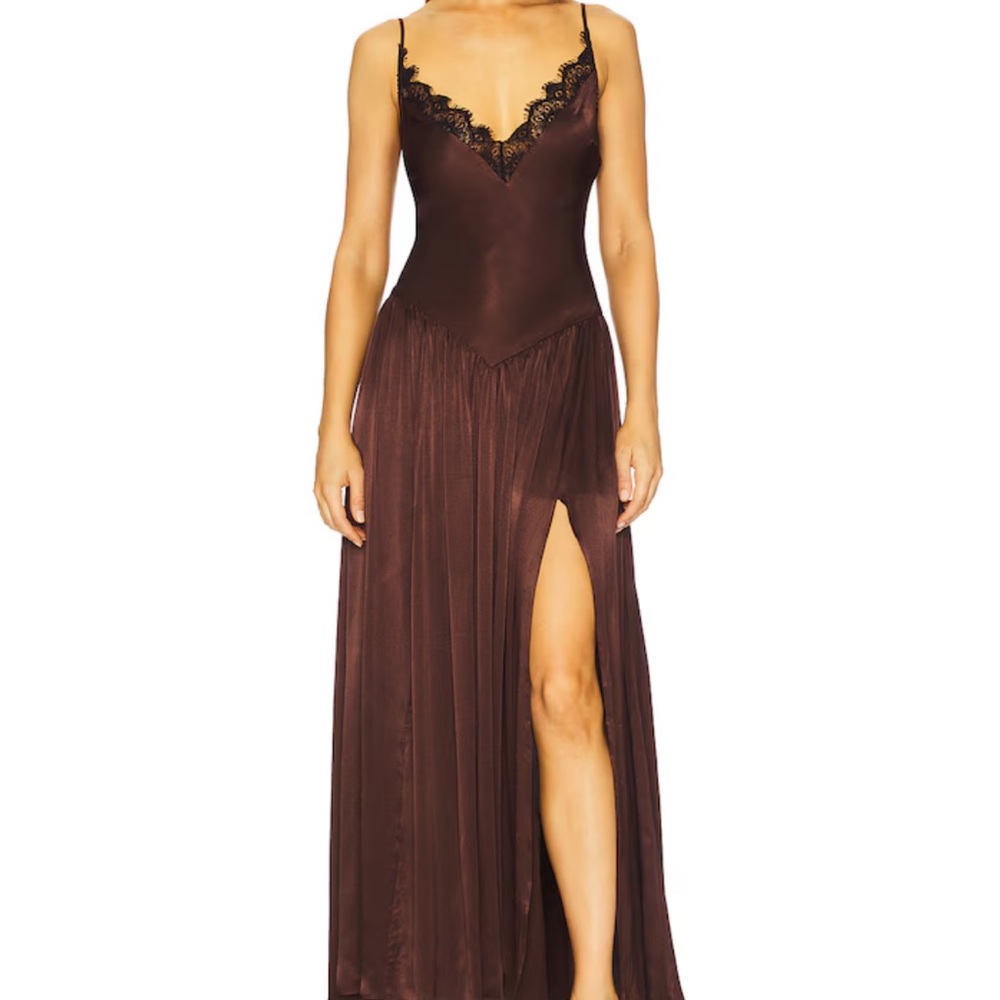 Bardot Chocolate Brown Lace-Trim Maxi Slip Dress
